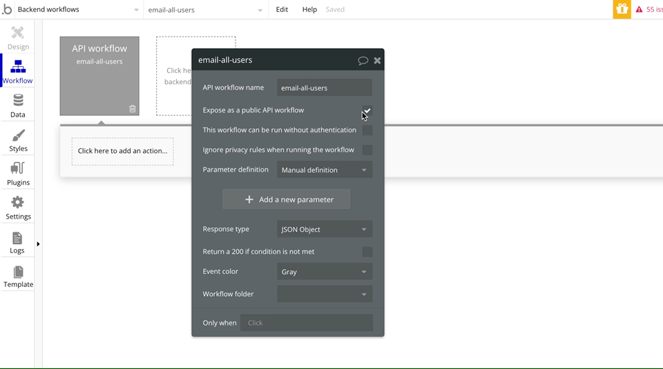 Define parameter of backend workflow in Bubble.io